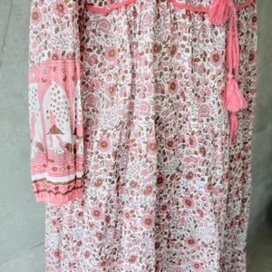 INDIA COTTON HAND PRINT KAFTAN DRESS (blossom pink and brown floral)